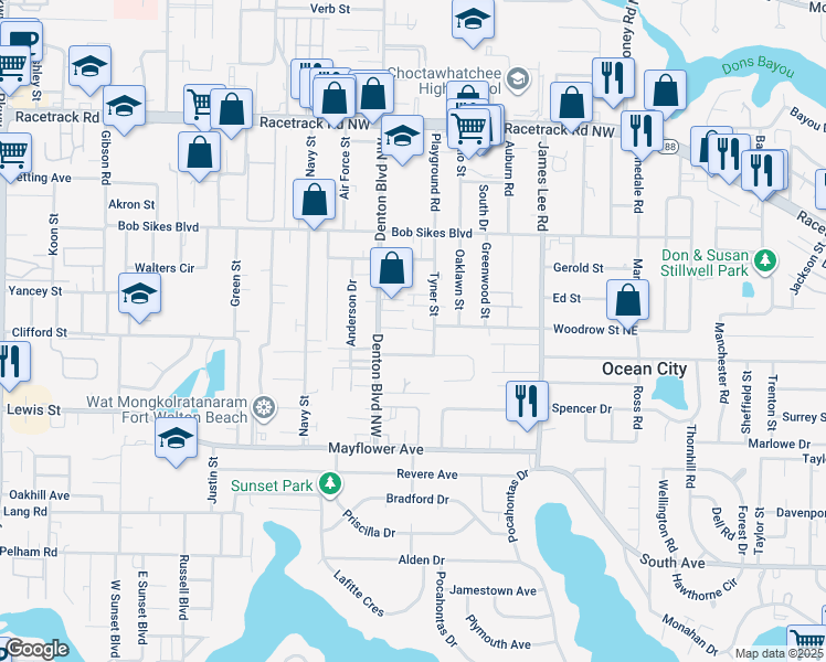 map of restaurants, bars, coffee shops, grocery stores, and more near 691 Tyner Street in Fort Walton Beach