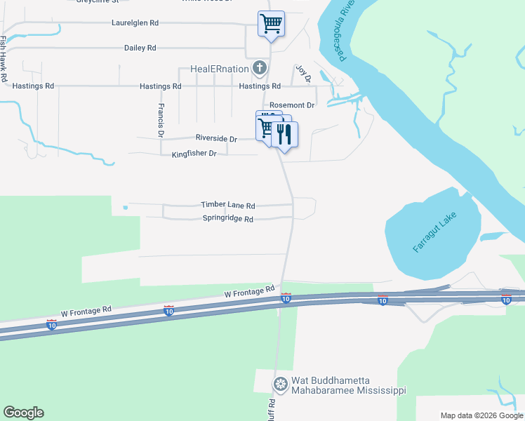 map of restaurants, bars, coffee shops, grocery stores, and more near 1409 Timber Lane Road in Gautier