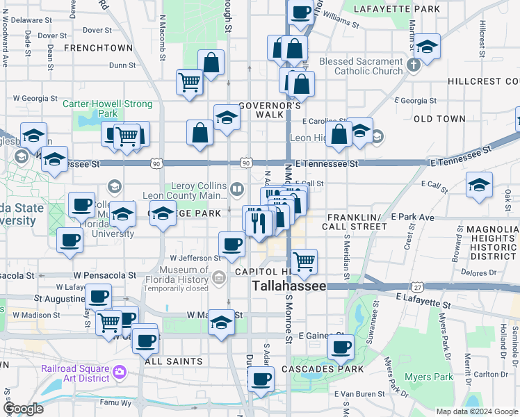 map of restaurants, bars, coffee shops, grocery stores, and more near 102 North Adams Street in Tallahassee