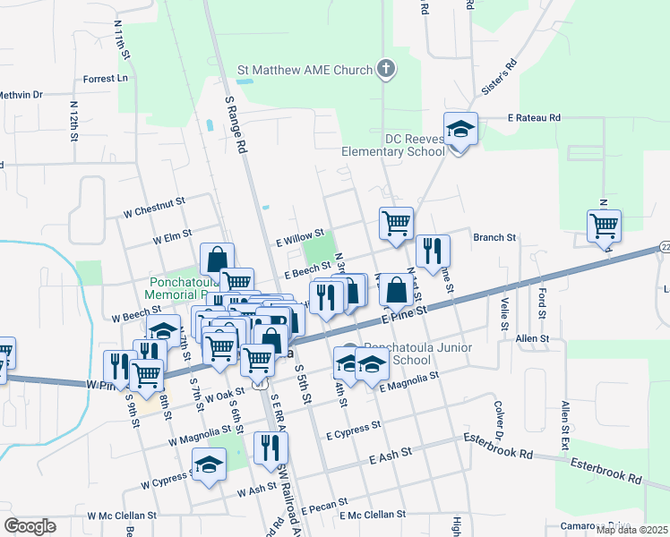 map of restaurants, bars, coffee shops, grocery stores, and more near 285 North 3rd Street in Ponchatoula