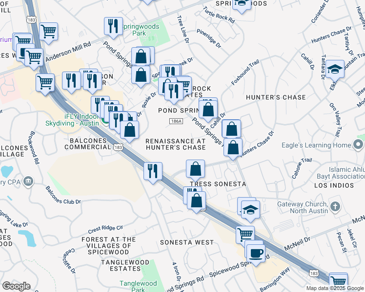 map of restaurants, bars, coffee shops, grocery stores, and more near 13145 North Highway 183 in Austin