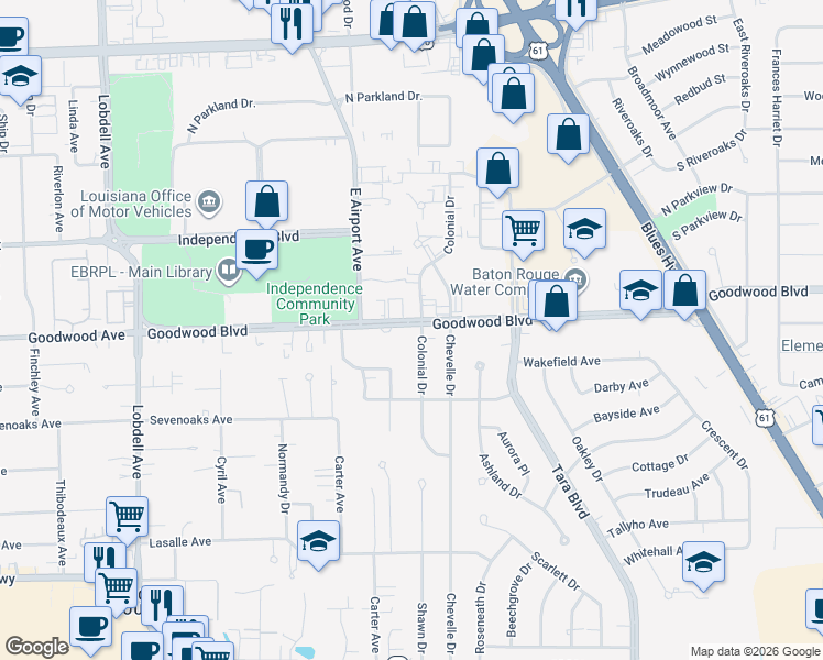 map of restaurants, bars, coffee shops, grocery stores, and more near 825 Colonial Drive in Baton Rouge