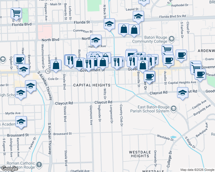 map of restaurants, bars, coffee shops, grocery stores, and more near 4405 Capital Heights Avenue in Baton Rouge