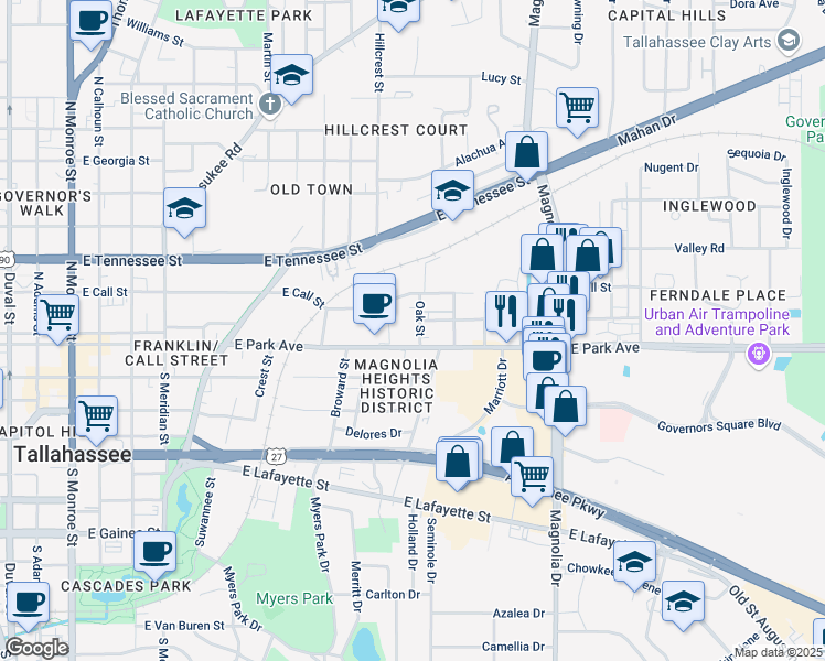 map of restaurants, bars, coffee shops, grocery stores, and more near 901 Hays Street in Tallahassee