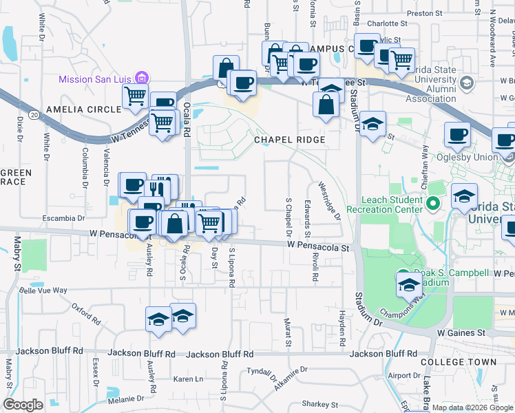 map of restaurants, bars, coffee shops, grocery stores, and more near 211 North Lipona Road in Tallahassee