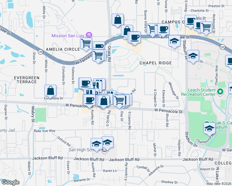 map of restaurants, bars, coffee shops, grocery stores, and more near 2004 Crabapple Drive in Tallahassee