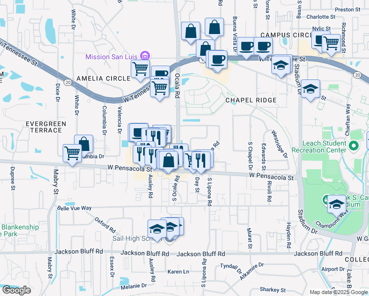 map of restaurants, bars, coffee shops, grocery stores, and more near 2004 Crabapple Drive in Tallahassee