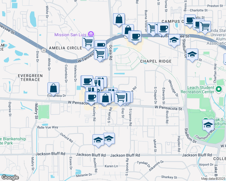 map of restaurants, bars, coffee shops, grocery stores, and more near 2004 Crabapple Drive in Tallahassee