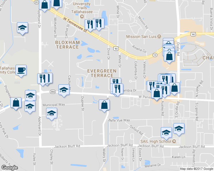 map of restaurants, bars, coffee shops, grocery stores, and more near 106 Dixie Drive in Tallahassee