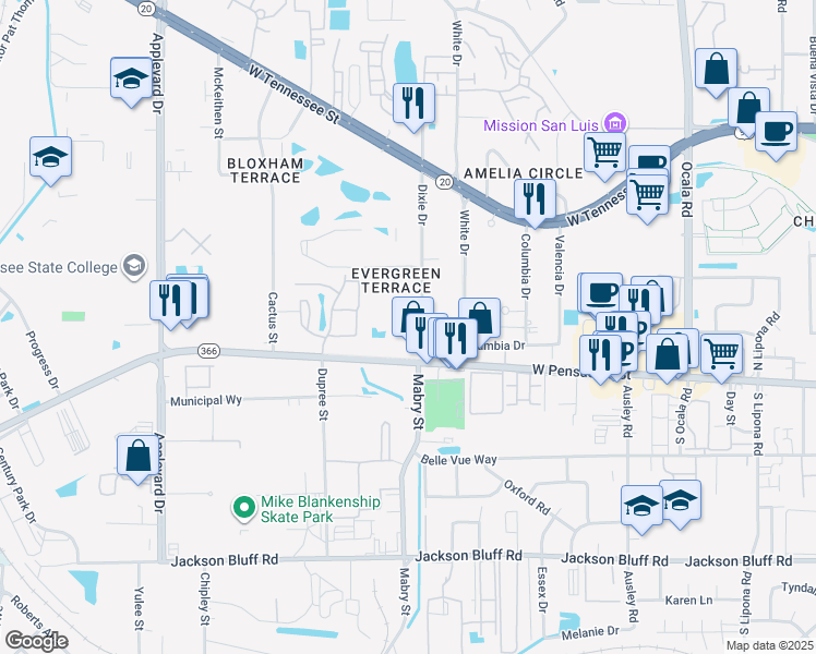 map of restaurants, bars, coffee shops, grocery stores, and more near 106 Dixie Drive in Tallahassee