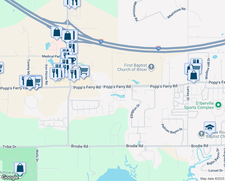 map of restaurants, bars, coffee shops, grocery stores, and more near 761 Motsie Road in Biloxi