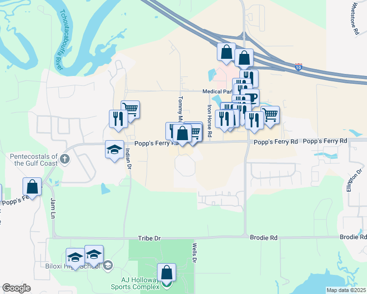 map of restaurants, bars, coffee shops, grocery stores, and more near 1760 Popp's Ferry Road in Biloxi