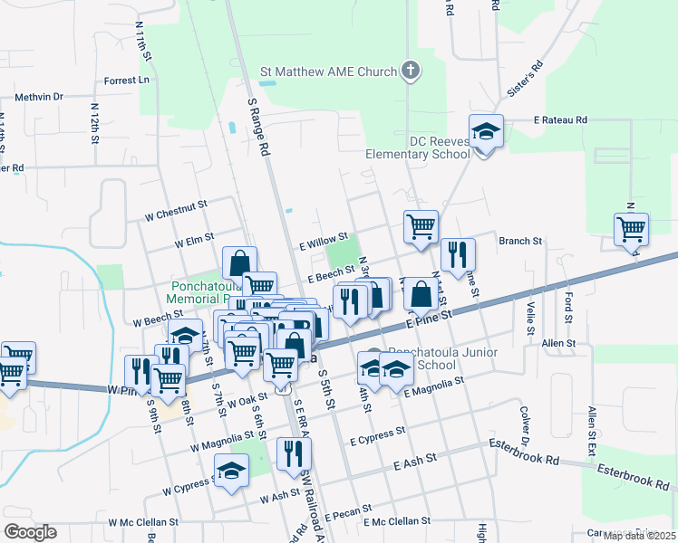 map of restaurants, bars, coffee shops, grocery stores, and more near 285 North 3rd Street in Ponchatoula