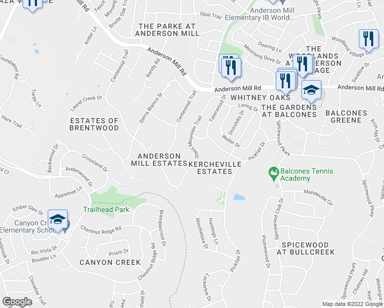 map of restaurants, bars, coffee shops, grocery stores, and more near 10608 Glass Mountain Trail in Austin