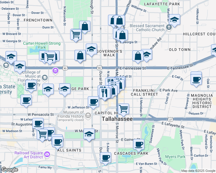 map of restaurants, bars, coffee shops, grocery stores, and more near 102 North Adams Street in Tallahassee