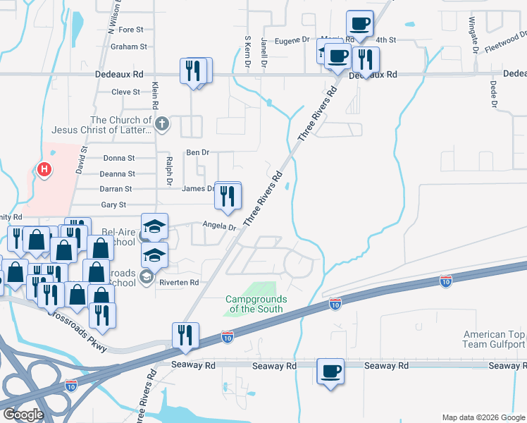 map of restaurants, bars, coffee shops, grocery stores, and more near 11010 Three Rivers Road in Gulfport