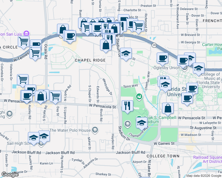 map of restaurants, bars, coffee shops, grocery stores, and more near 209 Westridge Drive in Tallahassee