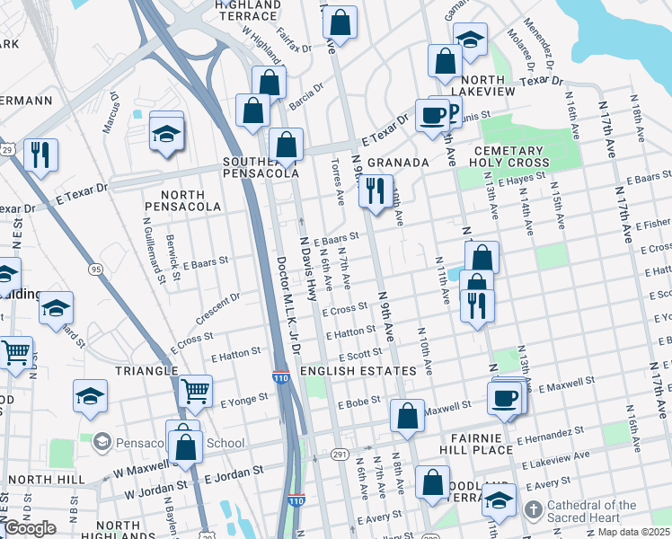 map of restaurants, bars, coffee shops, grocery stores, and more near 701 East Leonard Street in Pensacola