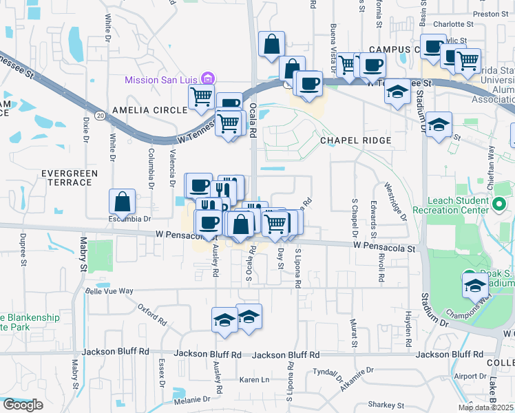 map of restaurants, bars, coffee shops, grocery stores, and more near 2004 Crabapple Drive in Tallahassee