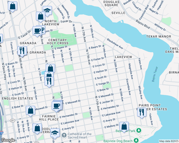 map of restaurants, bars, coffee shops, grocery stores, and more near 1660 East Hatton Street in Pensacola