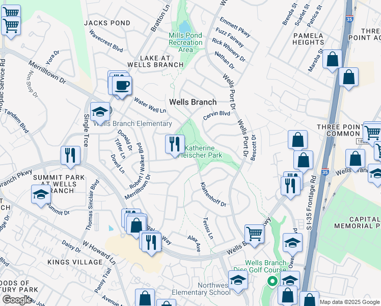 map of restaurants, bars, coffee shops, grocery stores, and more near 2106 Klattenhoff Drive in Austin