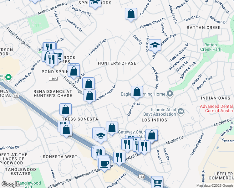 map of restaurants, bars, coffee shops, grocery stores, and more near 12343 Hunters Chase Drive in Austin