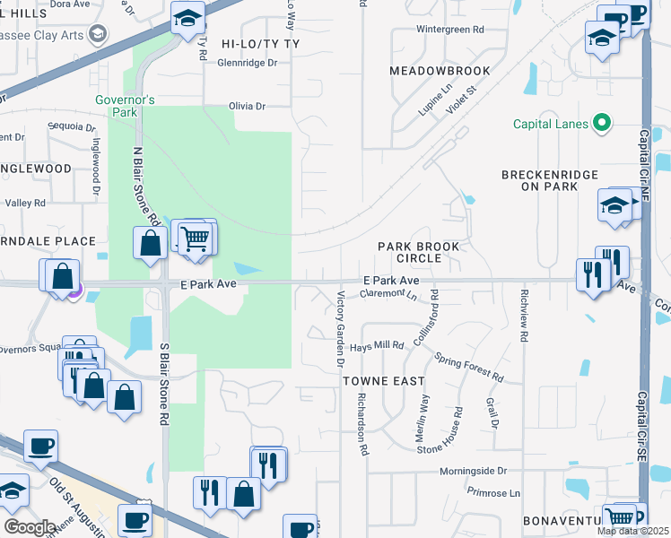 map of restaurants, bars, coffee shops, grocery stores, and more near 2096 East Park Avenue in Tallahassee