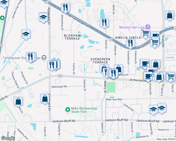 map of restaurants, bars, coffee shops, grocery stores, and more near 150 Flamingo Way in Tallahassee