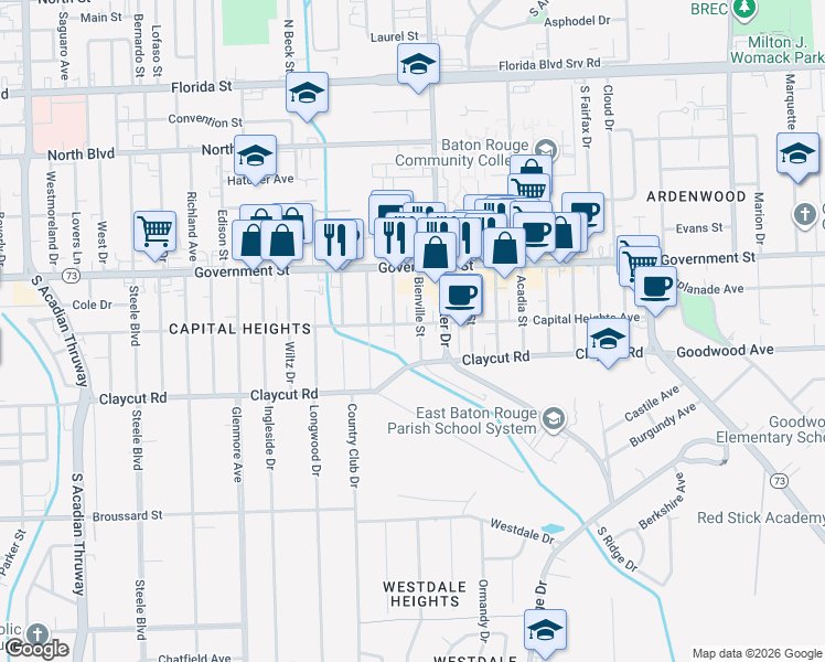 map of restaurants, bars, coffee shops, grocery stores, and more near 708 Bienville Street in Baton Rouge