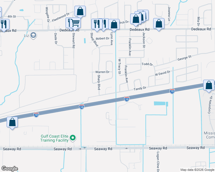 map of restaurants, bars, coffee shops, grocery stores, and more near 10545 Cora Circle in Gulfport