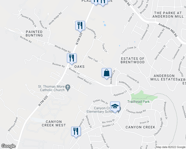 map of restaurants, bars, coffee shops, grocery stores, and more near 11502 Boulder Ln in Austin