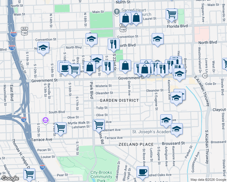 map of restaurants, bars, coffee shops, grocery stores, and more near 2175 Oleander Street in Baton Rouge