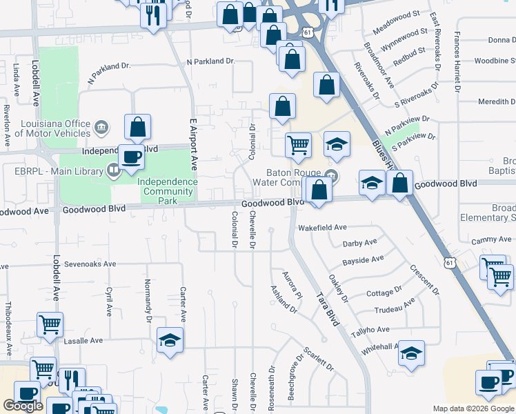 map of restaurants, bars, coffee shops, grocery stores, and more near 8428 Goodwood Boulevard in Baton Rouge