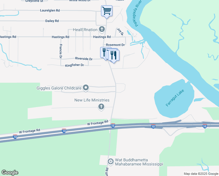 map of restaurants, bars, coffee shops, grocery stores, and more near 1309 Timber Lane Road in Gautier