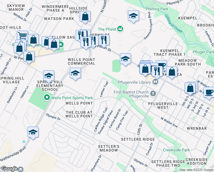 map of restaurants, bars, coffee shops, grocery stores, and more near 526 Tanner Trail in Pflugerville