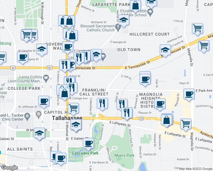 map of restaurants, bars, coffee shops, grocery stores, and more near 557 Beverly Court in Tallahassee