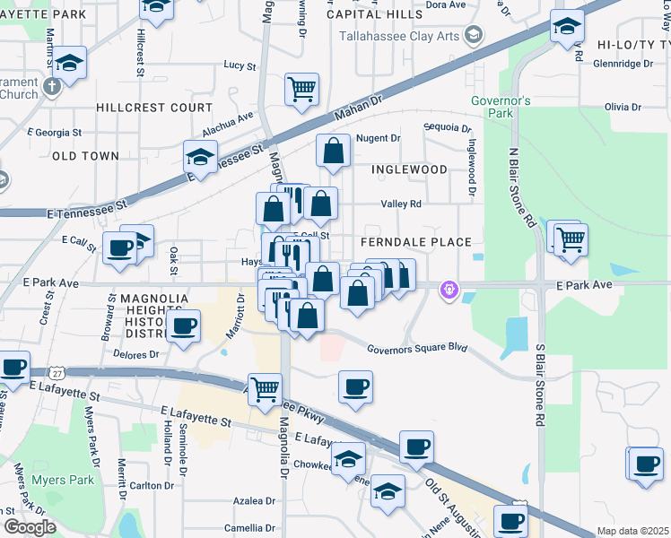 map of restaurants, bars, coffee shops, grocery stores, and more near 1400 East Park Avenue in Tallahassee
