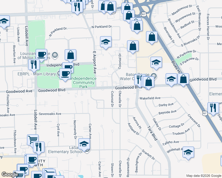 map of restaurants, bars, coffee shops, grocery stores, and more near 825 Colonial Drive in Baton Rouge