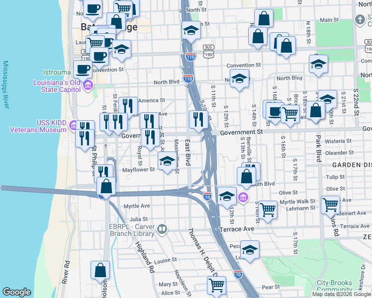 map of restaurants, bars, coffee shops, grocery stores, and more near 626 East Boulevard in Baton Rouge