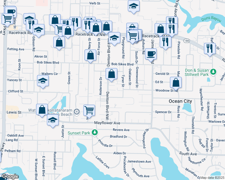 map of restaurants, bars, coffee shops, grocery stores, and more near 675 Denton Boulevard Northwest in Fort Walton Beach