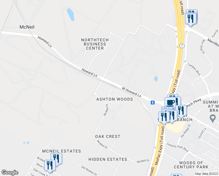 map of restaurants, bars, coffee shops, grocery stores, and more near 13712 Layton Loop in Austin