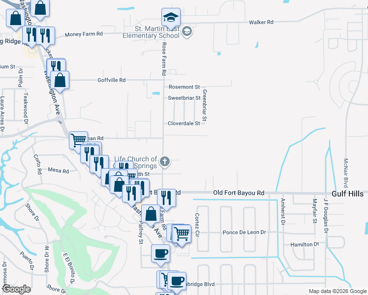 map of restaurants, bars, coffee shops, grocery stores, and more near 13107 Horseshoe Drive in Ocean Springs