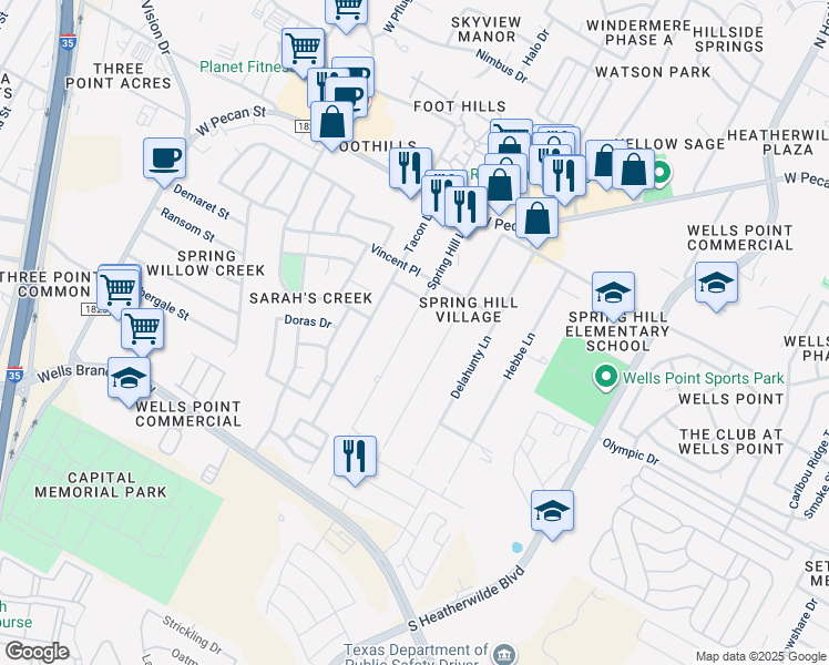 map of restaurants, bars, coffee shops, grocery stores, and more near 15309 Spring Hill Lane in Pflugerville