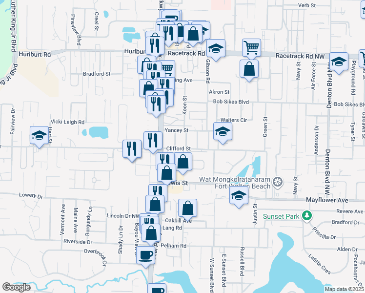 map of restaurants, bars, coffee shops, grocery stores, and more near 159 Clifford Street in Fort Walton Beach