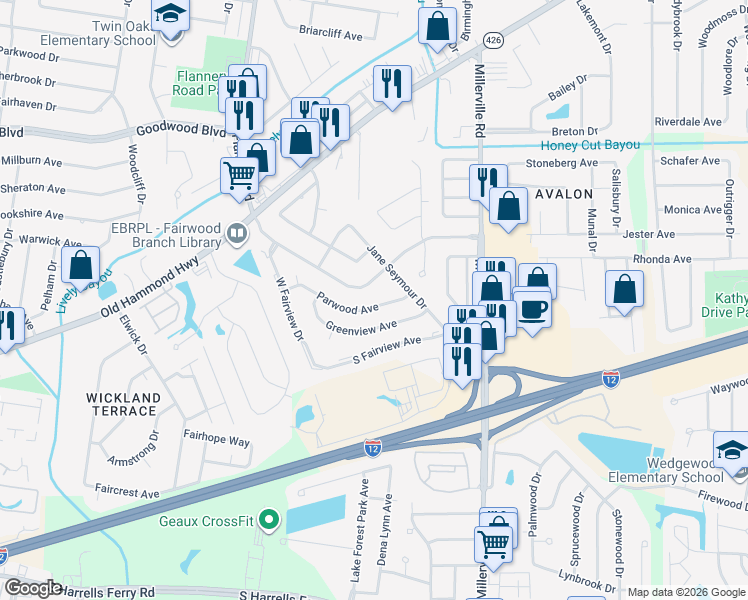 map of restaurants, bars, coffee shops, grocery stores, and more near 13557 Parwood Avenue in Baton Rouge