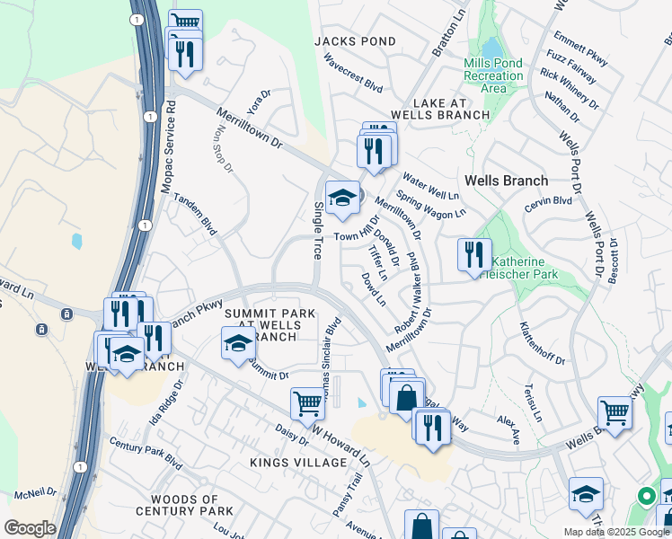 map of restaurants, bars, coffee shops, grocery stores, and more near 14421 Robert I Walker Boulevard in Austin