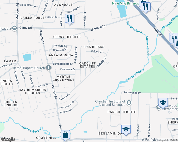 map of restaurants, bars, coffee shops, grocery stores, and more near 3064 English Oak Circle in Pensacola