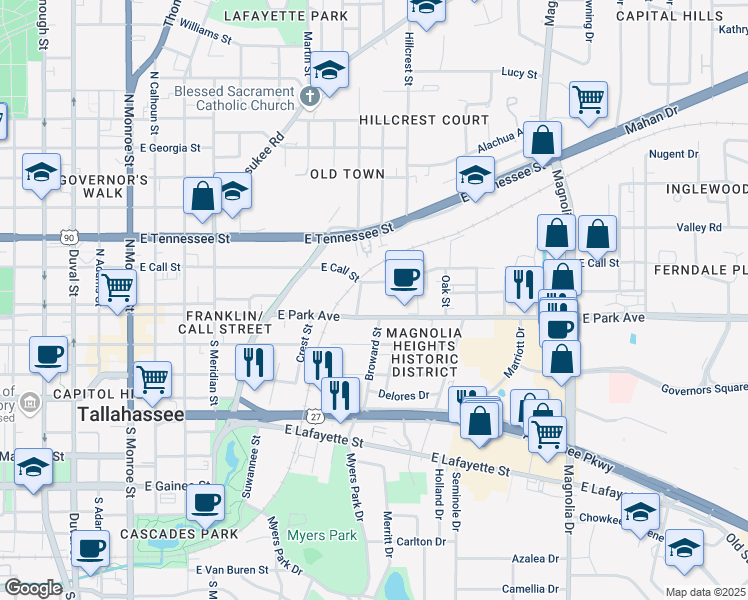 map of restaurants, bars, coffee shops, grocery stores, and more near 119 Cadiz Street in Tallahassee