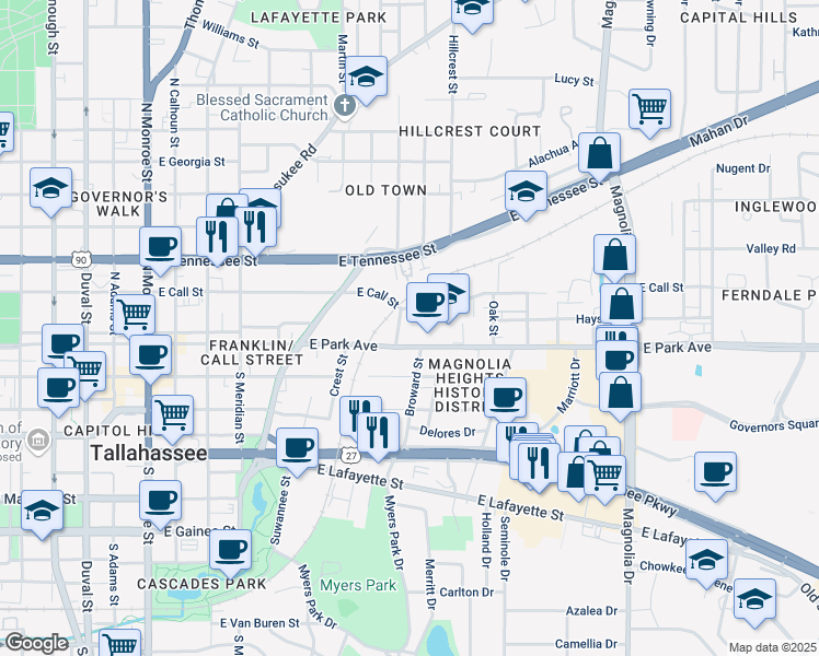 map of restaurants, bars, coffee shops, grocery stores, and more near 119 Cadiz Street in Tallahassee
