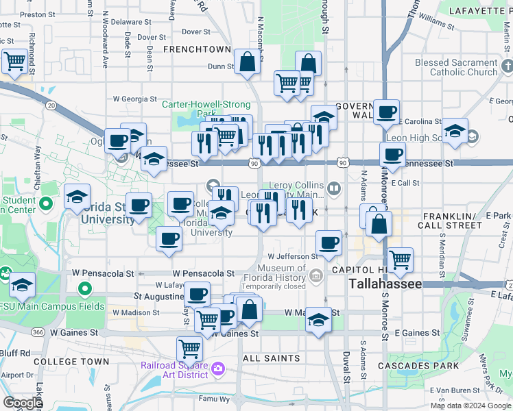 map of restaurants, bars, coffee shops, grocery stores, and more near 503 Palm Court in Tallahassee